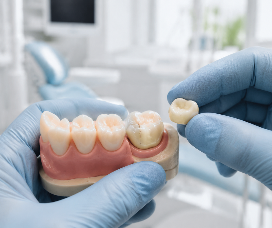 Dental professional holding a ceramic crown beside a model showing a cracked molar.