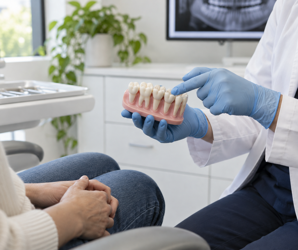 Dentist using a tooth model to explain a possible molar extraction during a private consultation.